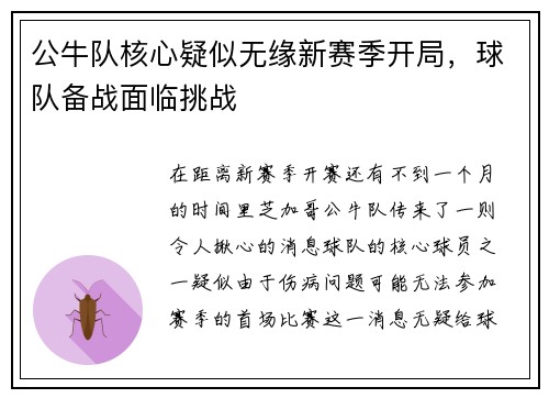 公牛队核心疑似无缘新赛季开局，球队备战面临挑战