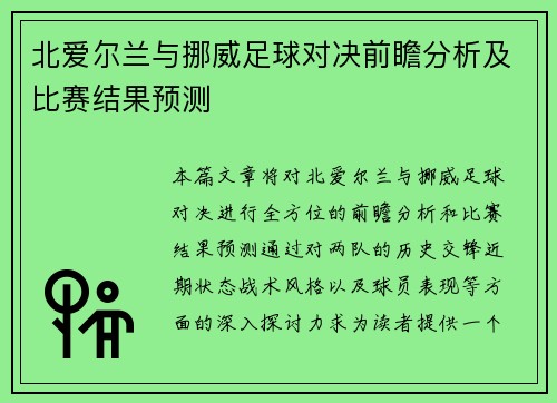 北爱尔兰与挪威足球对决前瞻分析及比赛结果预测