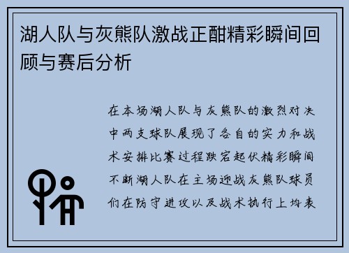 湖人队与灰熊队激战正酣精彩瞬间回顾与赛后分析