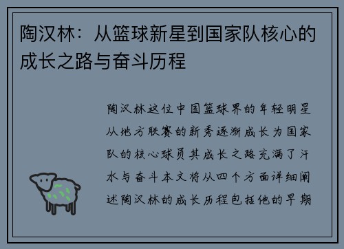 陶汉林：从篮球新星到国家队核心的成长之路与奋斗历程