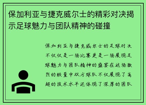 保加利亚与捷克威尔士的精彩对决揭示足球魅力与团队精神的碰撞