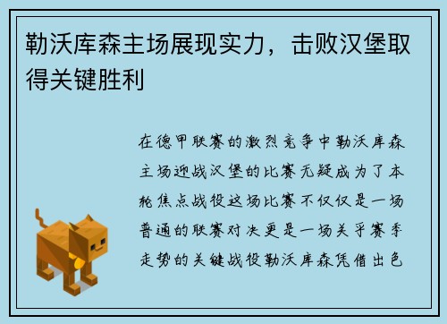勒沃库森主场展现实力，击败汉堡取得关键胜利