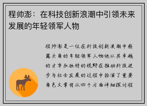 程帅澎：在科技创新浪潮中引领未来发展的年轻领军人物