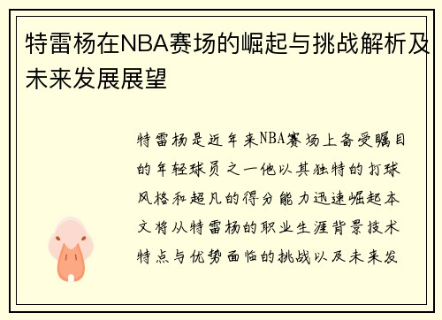 特雷杨在NBA赛场的崛起与挑战解析及未来发展展望