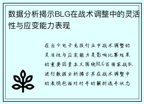 数据分析揭示BLG在战术调整中的灵活性与应变能力表现