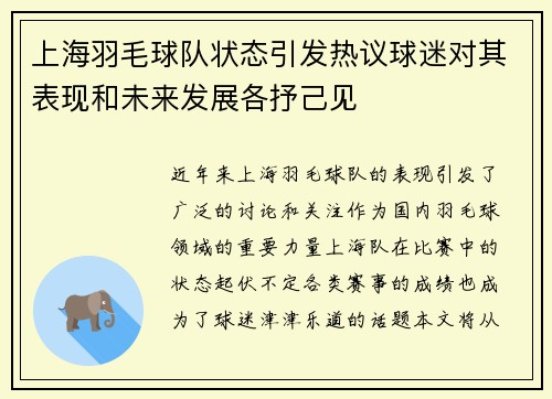 上海羽毛球队状态引发热议球迷对其表现和未来发展各抒己见